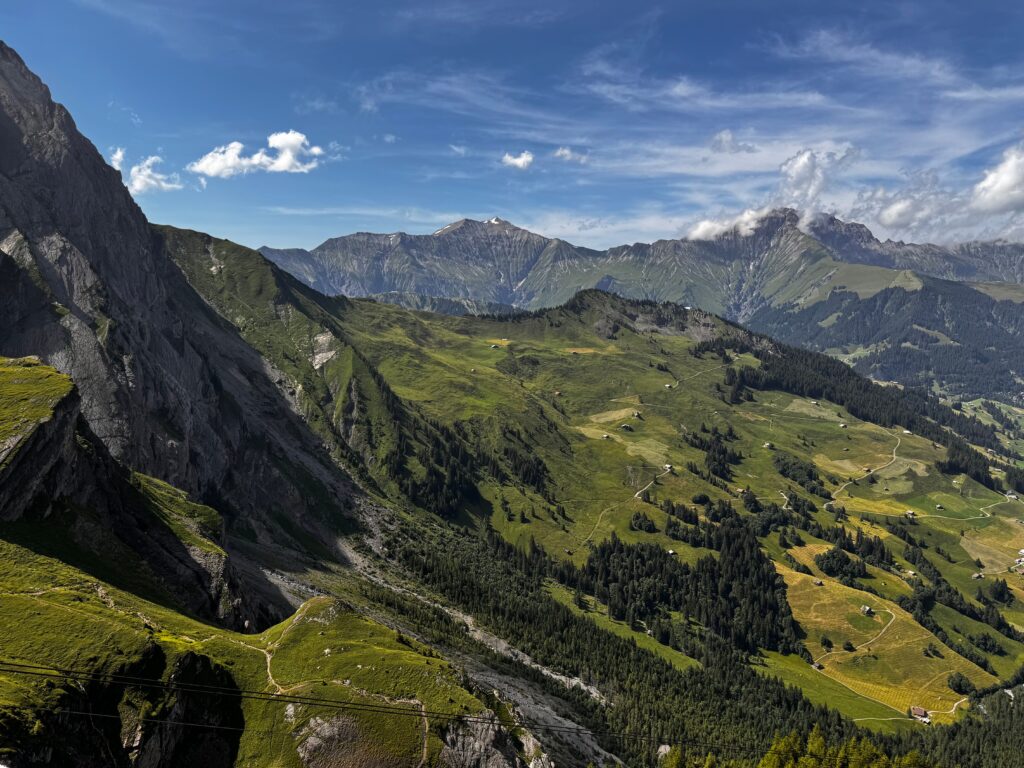 Breathtaking view of Adelboden's alpine landscape with lush greens and towering peaks.
